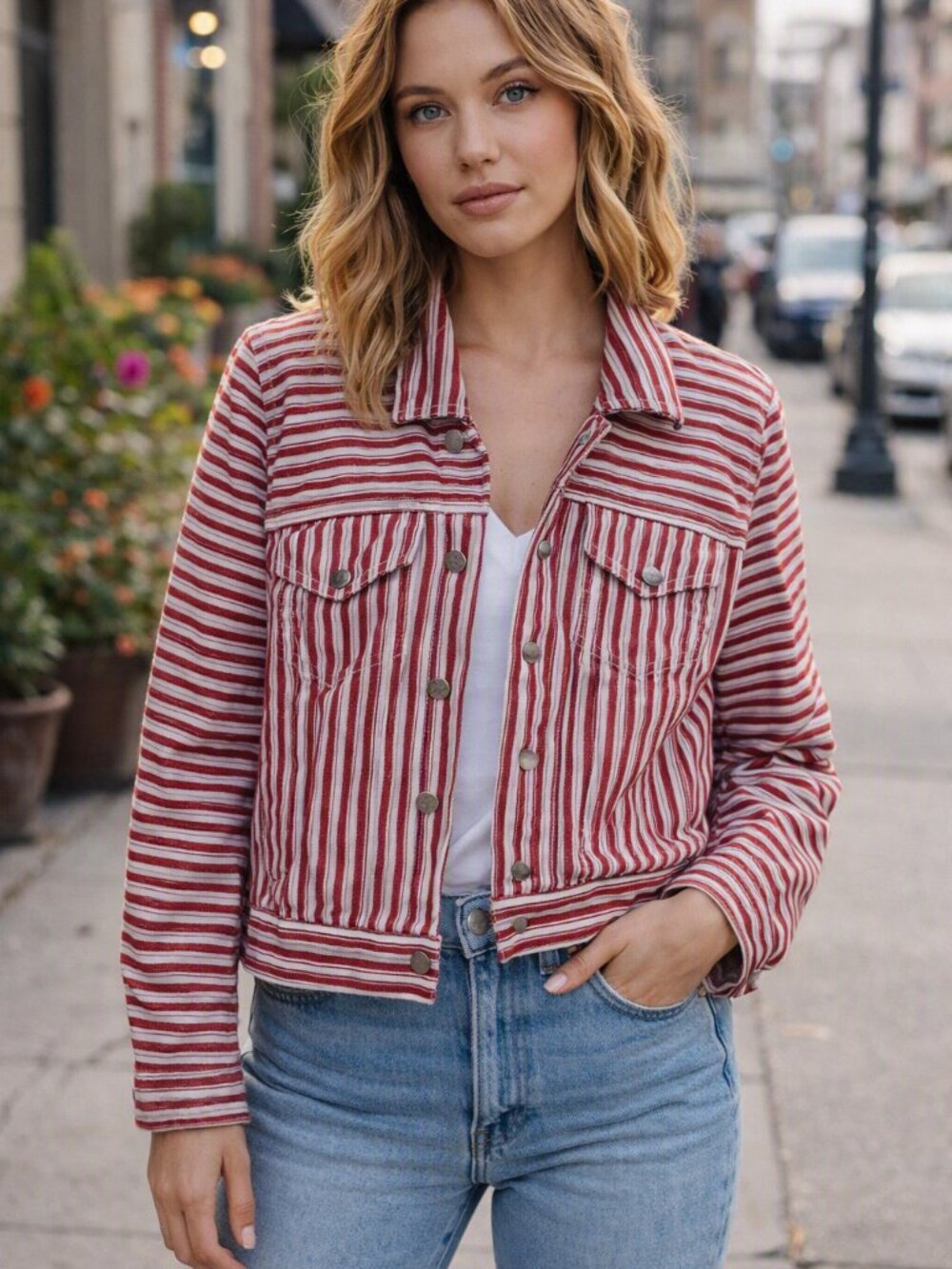 Blank NYC Red and White Striped Jean Jacket